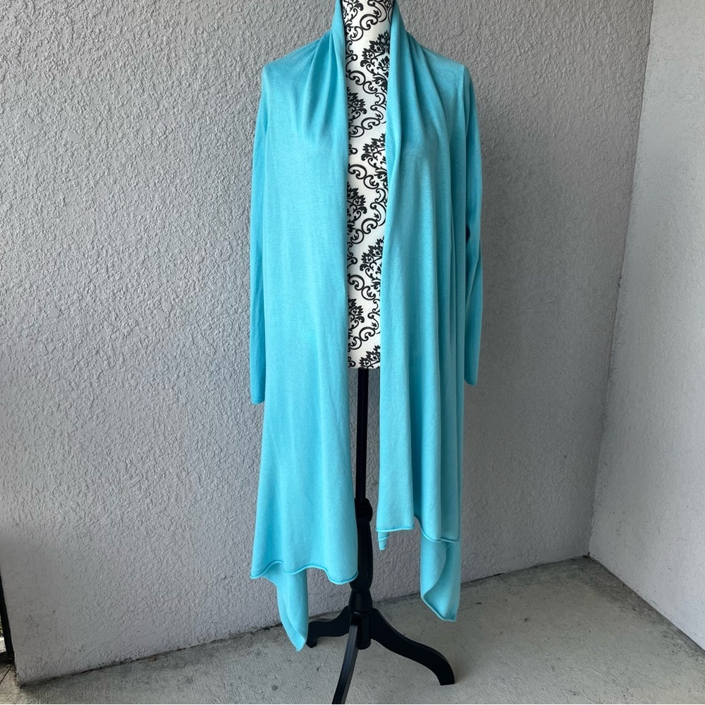 DKNY Donna Karan Open-Front High-Low Cozy Wrap Cardigan Turquoise